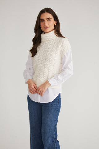 Sea Salt Cable Knit Vest with White Blouse