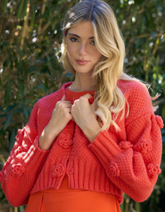 Coral Cardigan with Flower Appliqué