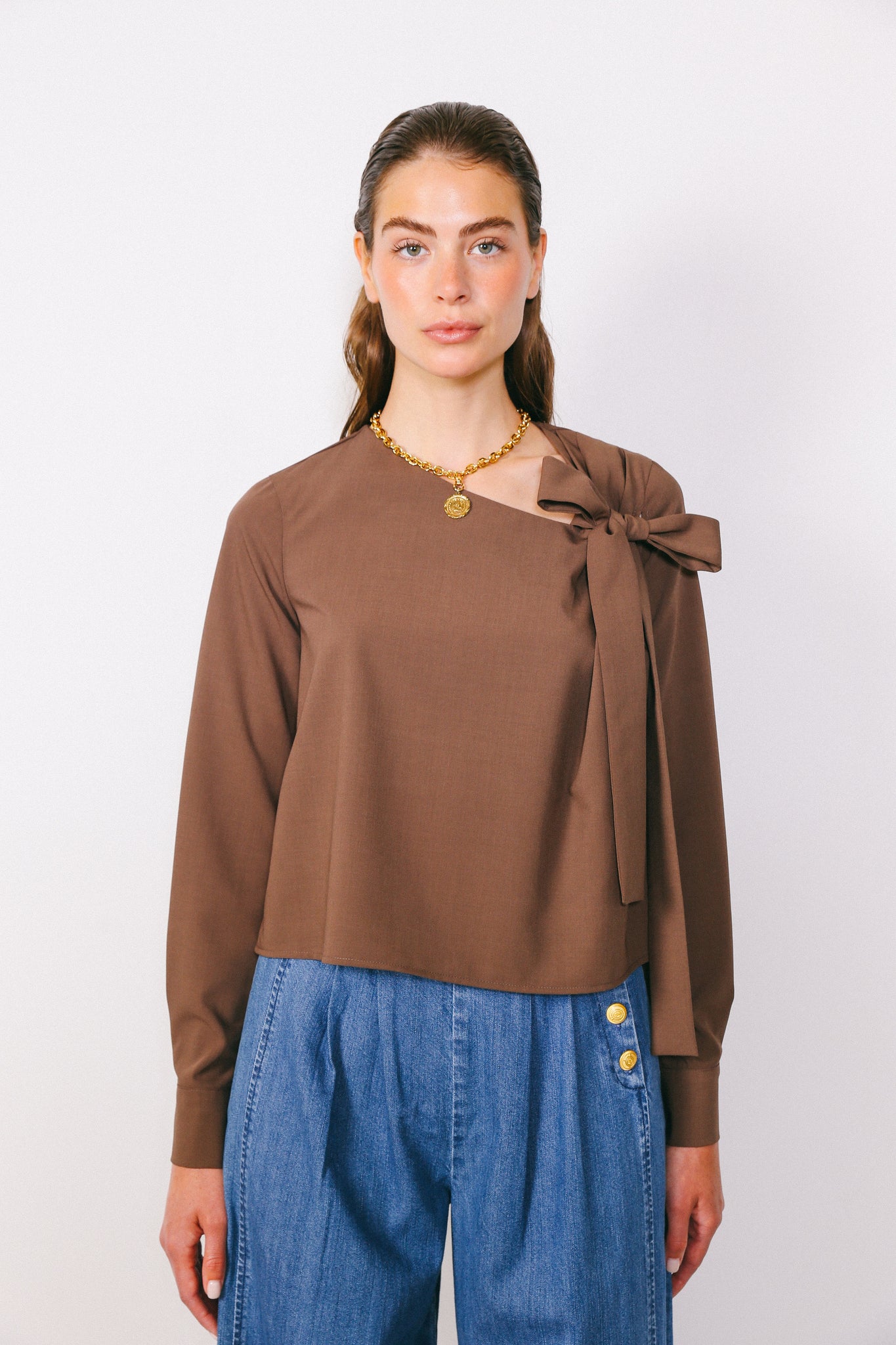 Seoul Side Bow Long Sleeve Top-Brown